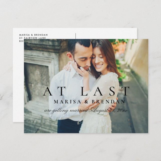 At Last Elegant Black White Photo Save the Date Announcement Postcard (Front/Back)