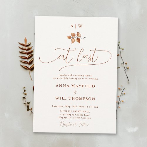 At Last Fall Elegant Calligraphy Foliage Wedding Invitation