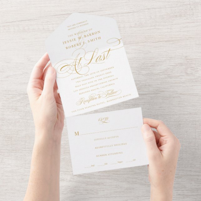 At Last Gold Calligraphy Wedding All In One Invitation (Tearaway)