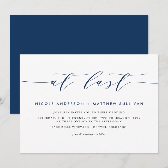 At Last Navy Blue Minimalist Script Wedding Invitation (Front/Back)