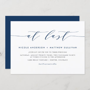 At Last Navy Blue Minimalist Script Wedding Invitation