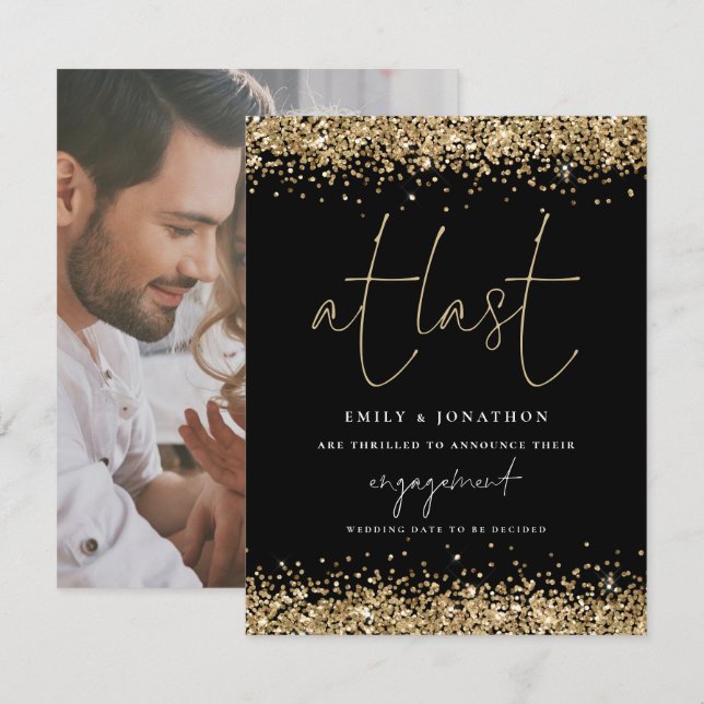 At Last Photo Gold Glitter Engagement Announcement (Front/Back)