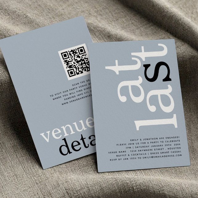 At Last QR Code Dusty Blue Engagement Invitation (front and back view)