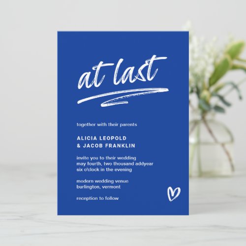 At Last Royal Blue Typography Modern Wedding Invitation