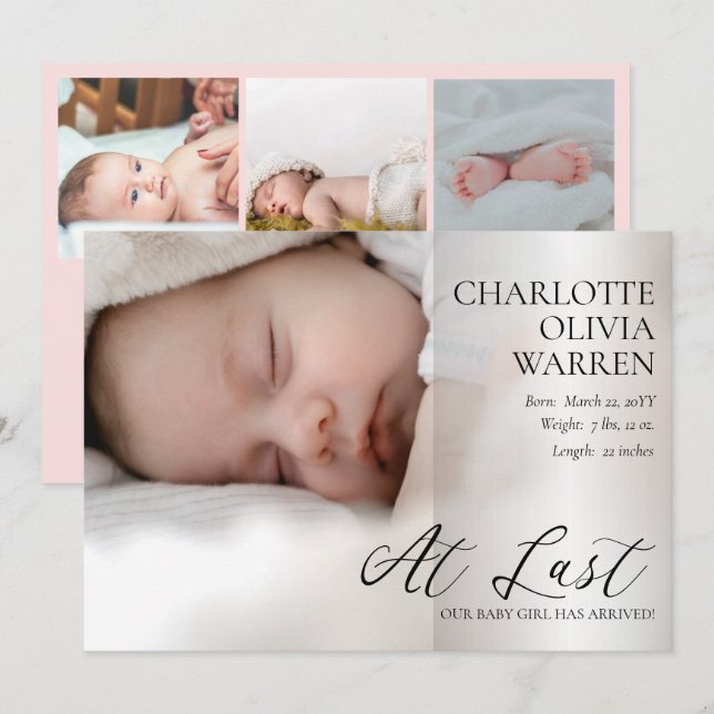 At Last Script 4 Photo Baby Pink Birth Announcement (Front/Back)