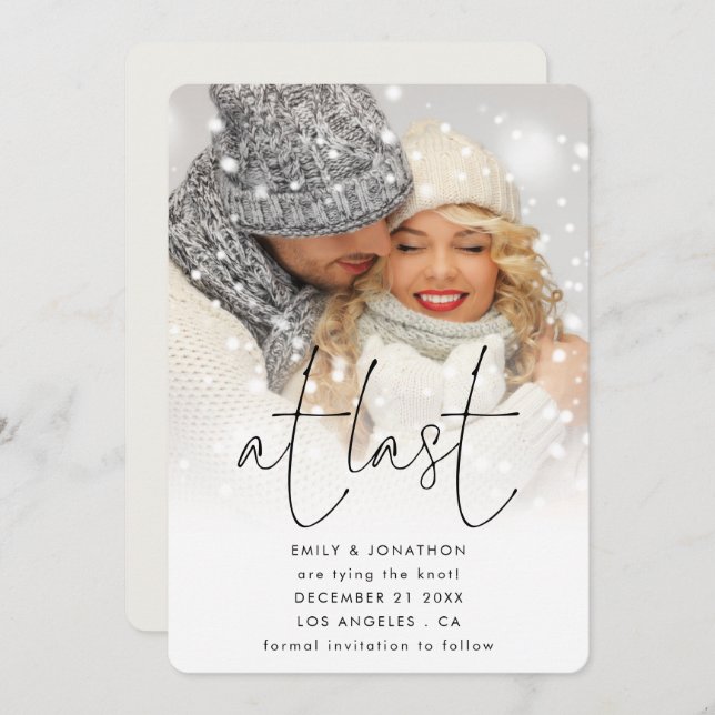 At Last Script Photo Overlay QR Winter Wedding  Save The Date (Front/Back)