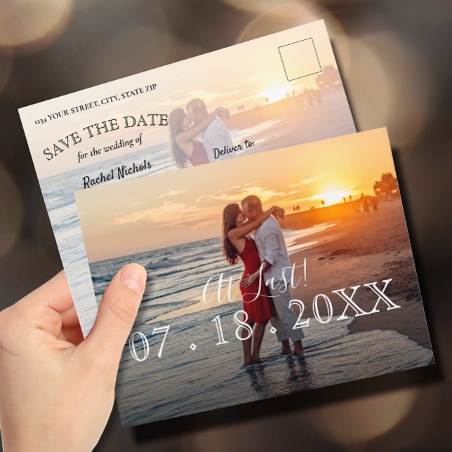 At Last Simple Modern Photo Wedding Save the Date Announcement Postcard (Creator Uploaded)
