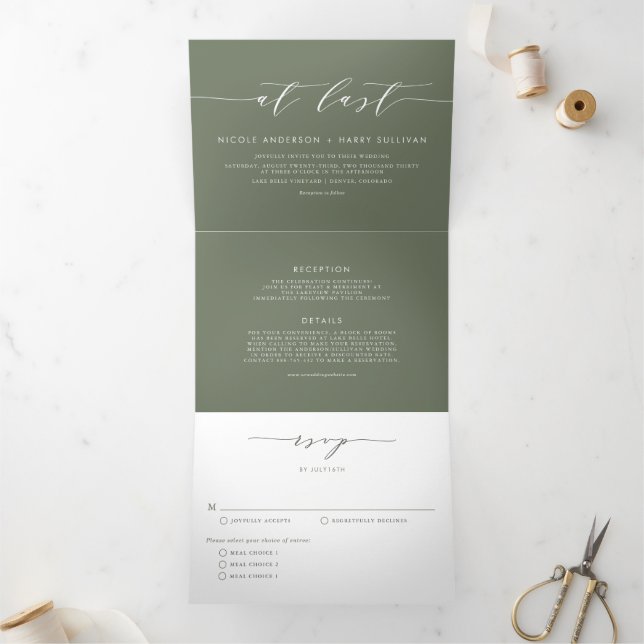 At Last Taupe Green Minimalist Script Wedding Tri-Fold Invitation (Inside)