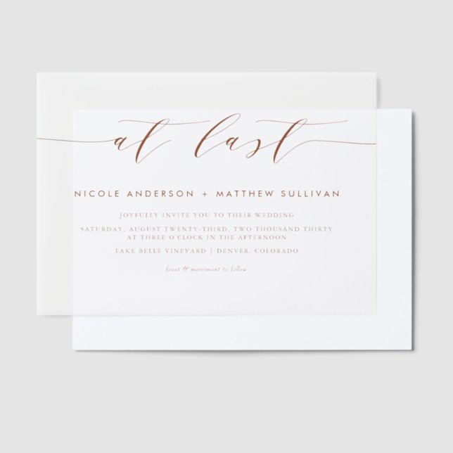 At Last Terracotta Minimalist Script Wedding Vellum Invitations (Offset)