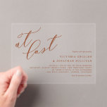 At Last Terracotta Modern Calligraphy Wedding Acrylic Invitations<br><div class="desc">Celebrate your timeless love with our customizable acrylic wedding invitation, featuring the elegant phrase "At Last" in beautiful modern calligraphy. This minimalist yet striking design combines transparent acrylic with flowing hand-lettered calligraphy. Personalize by adding your names and wedding details. This terracotta wedding invitation is perfect for any wedding theme; whether...</div>