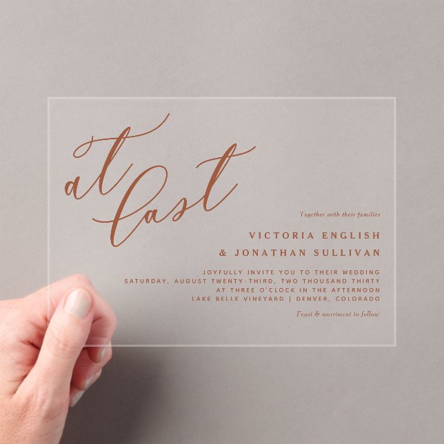 At Last Terracotta Modern Calligraphy Wedding Acrylic Invitations (Insitu (Handheld))