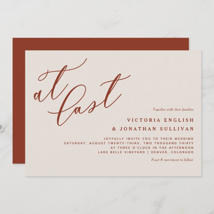At Last Terracotta Modern Calligraphy Wedding Invitation