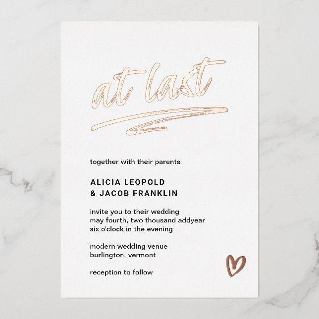 At Last Typography Modern Wedding Foil Invitation (Front)