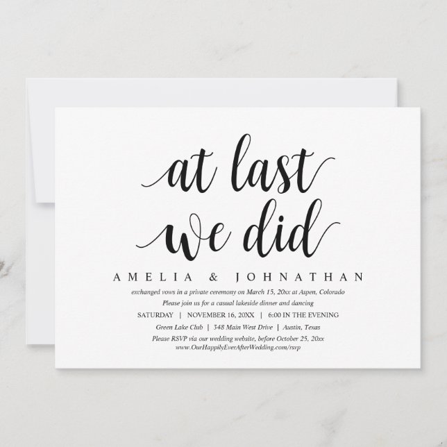 At Last, We Did, Wedding Elopement Dinner Invitation (Front)