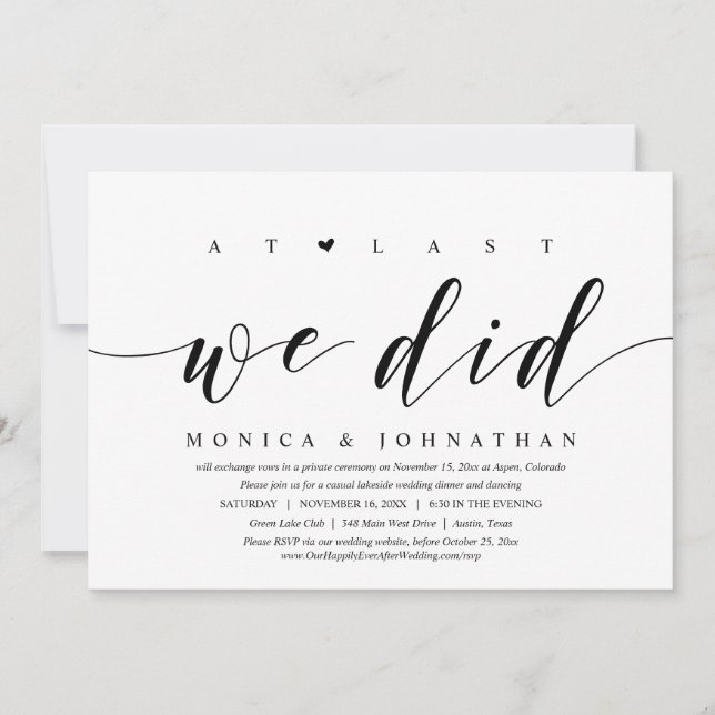 At Last, We Did, Wedding Elopement Dinner Party Invitation (Front)