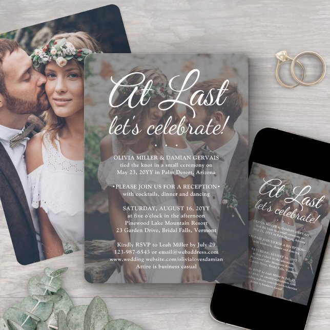 At Last Wedding Celebration 2 Photo and White Text Invitation (Creator Uploaded)