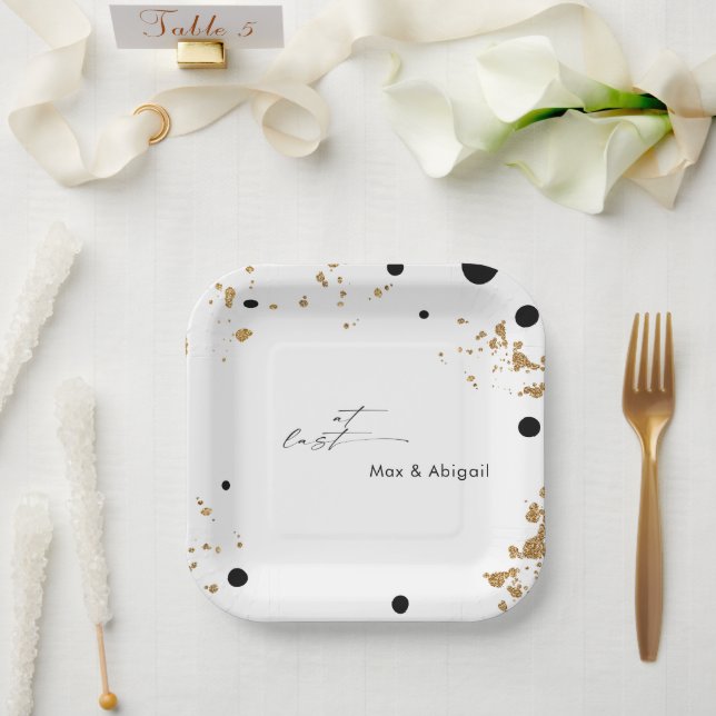 At Last Wedding Couple Names Black and Gold Paper Plates (Wedding)