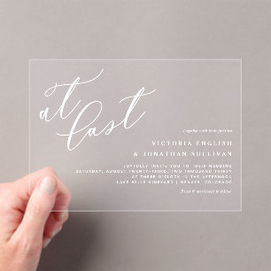 At Last White Modern Calligraphy Wedding Acrylic Invitations