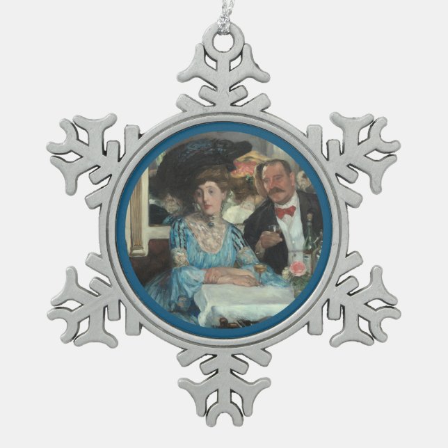 At Mouquins Restaurant NY - William Glackens Snowflake Pewter Christmas Ornament (Front)