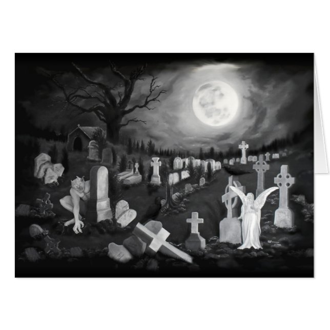 At night on the cemetery - Angel with Devil Card (Front Horizontal)