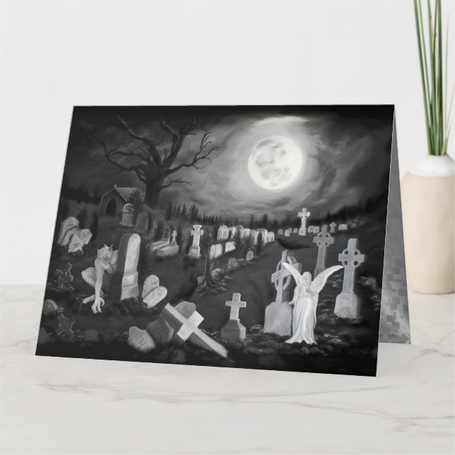 At night on the cemetery - Angel with Devil Card (Front)