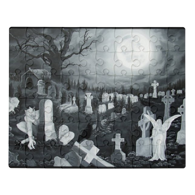 At night on the cemetery - angel with devil jigsaw puzzle (Puzzle Horizontal)