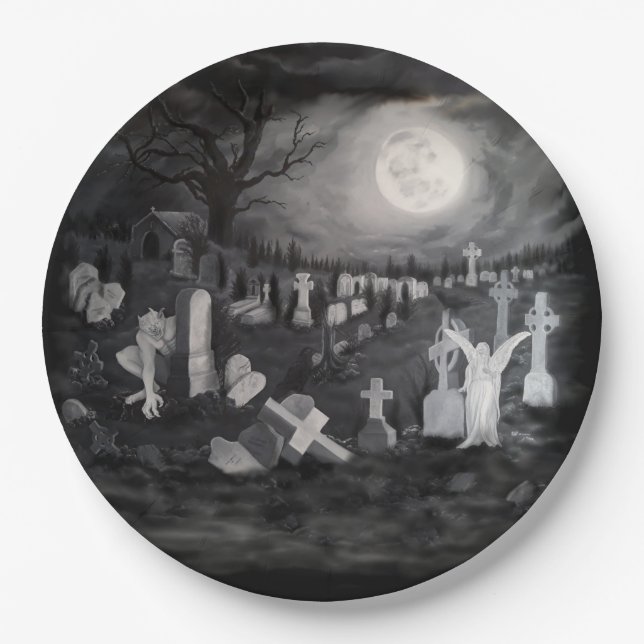 At night on the cemetery - Angel with Devil Paper Plates (Front)