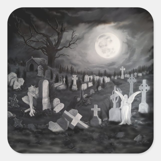 At night on the cemetery - Angel with Devil Square Sticker (Front)