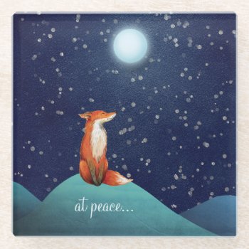 At Peace ~ Charming Fox Sitting Under A Full Moon Glass Coaster by TheCutieCollection at Zazzle