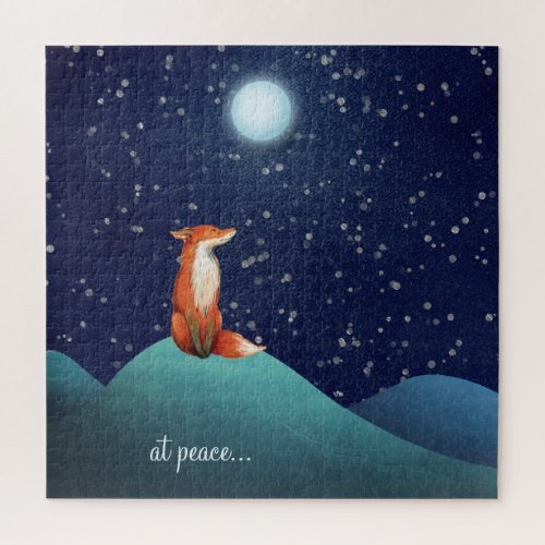 at peace  Charming Fox Sitting Under a Full Moon Jigsaw Puzzle