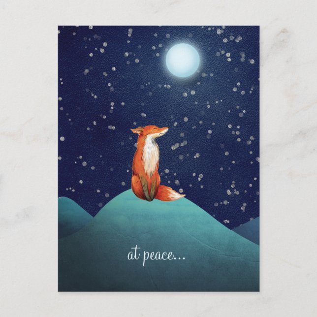 at peace ~ Charming Fox Sitting Under a Full Moon Postcard (Front)