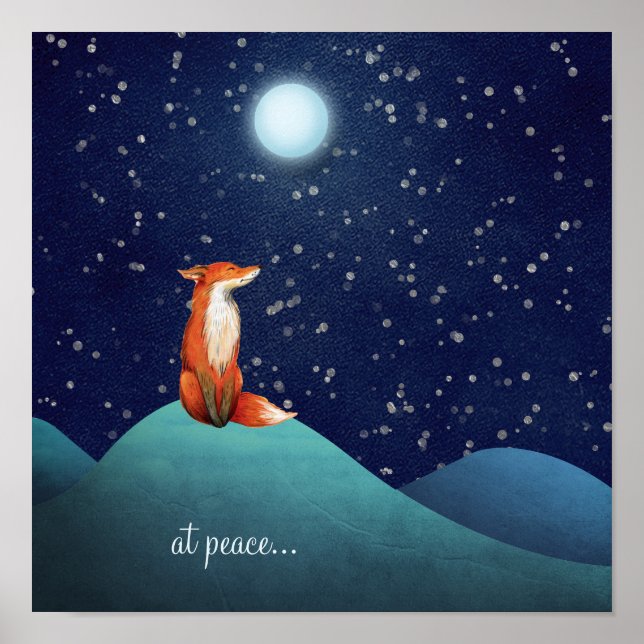 at peace ~ Charming Fox Sitting Under a Full Moon Poster (Front)