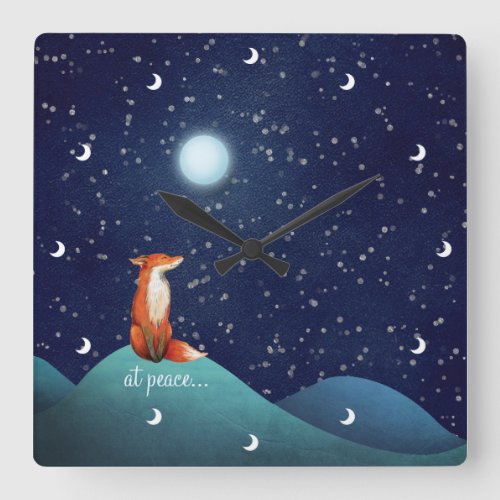 at peace  Charming Fox Sitting Under a Full Moon Square Wall Clock