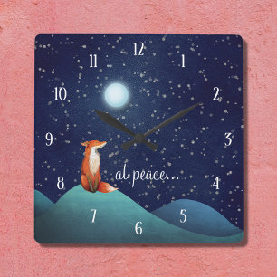 at peace - Charming Fox Sitting Under a Full Moon Square Wall Clock