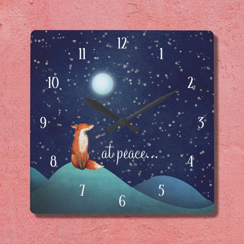 at peace _ Charming Fox Sitting Under a Full Moon Square Wall Clock