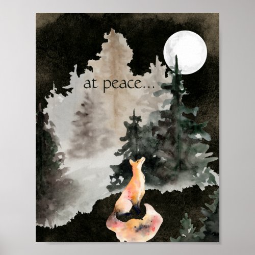 at peace  Fox and Full Moon Woodland Poster