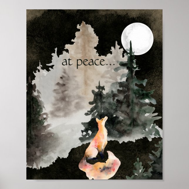 at peace ~ Fox and Full Moon Woodland Poster (Front)