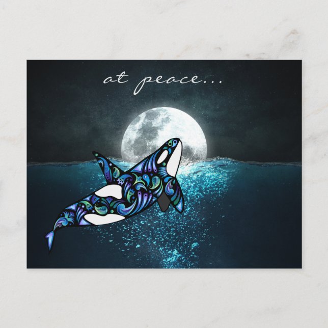 at peace ~ Full Moon Psychedelic Trippy Orca Whale Postcard (Front)
