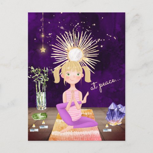 At Peace Meditating Blond Yoga Girl and Crystals Postcard