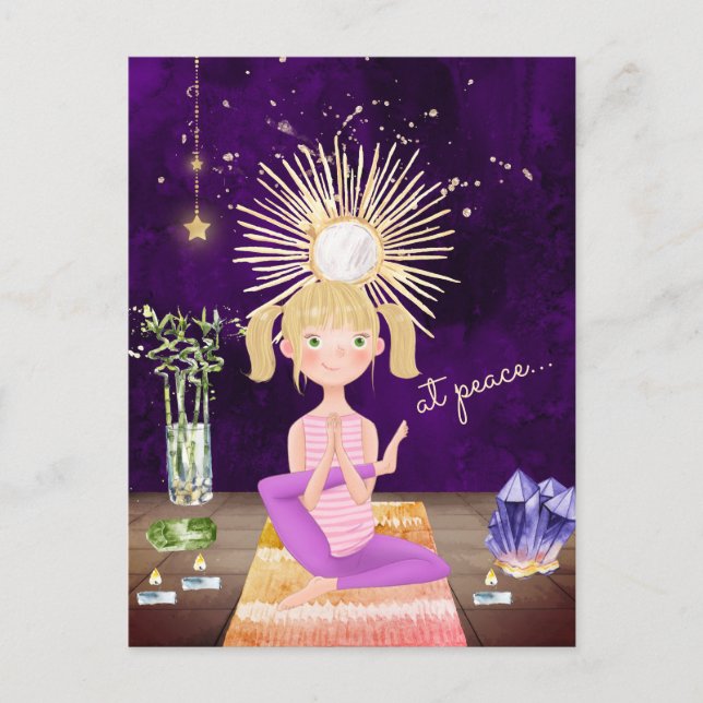 At Peace Meditating Blond Yoga Girl and Crystals Postcard (Front)