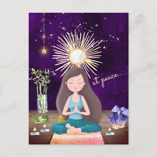 At Peace Meditating Yoga Girl and Crystals Postcard