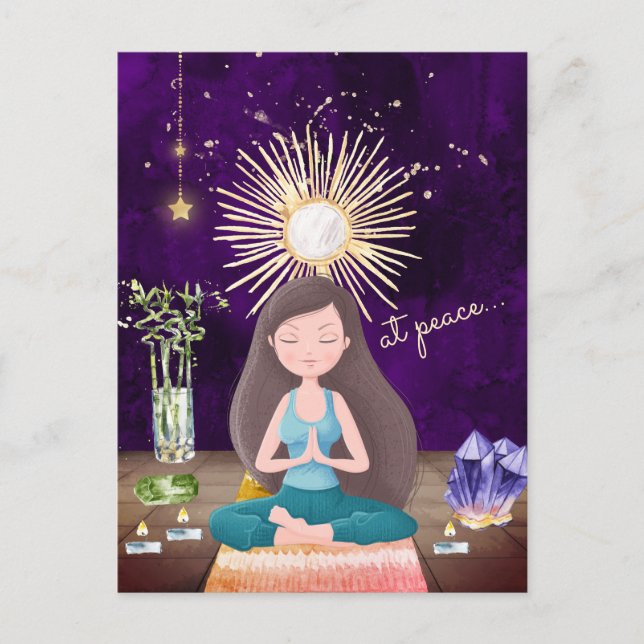 At Peace Meditating Yoga Girl and Crystals Postcard (Front)