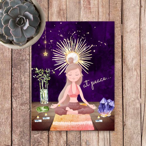 At Peace Meditating Yoga Girl and Crystals Postcard