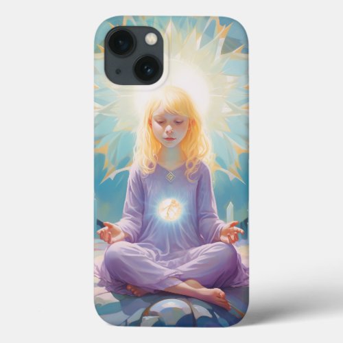 At Peace Meditating Yoga Girl Crystals Blue Purple iPhone 13 Case
