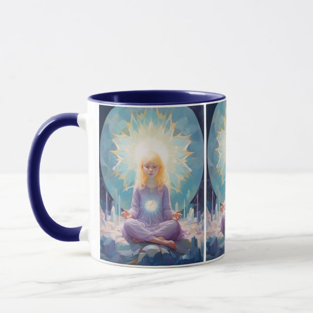 At Peace Meditating Yoga Girl Crystals Blue Purple Mug (Left)