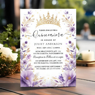 At Royal Gold Tiara Lilac Light Purple Quinceanera Invitation