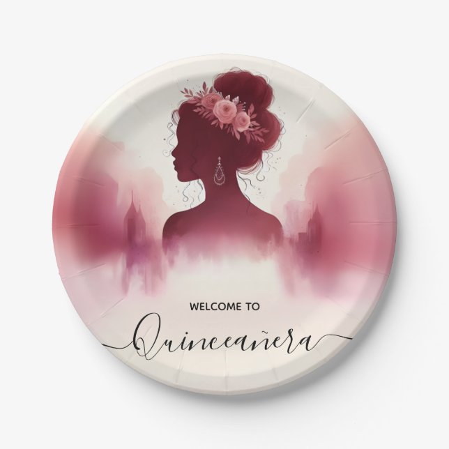 At Silver Plum Lace Gown Boho Burgundy Quinceanera Paper Plates (Front)