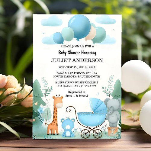 At Soft Boho Bear Blue Cub Welcome Baby Boy Shower Invitation