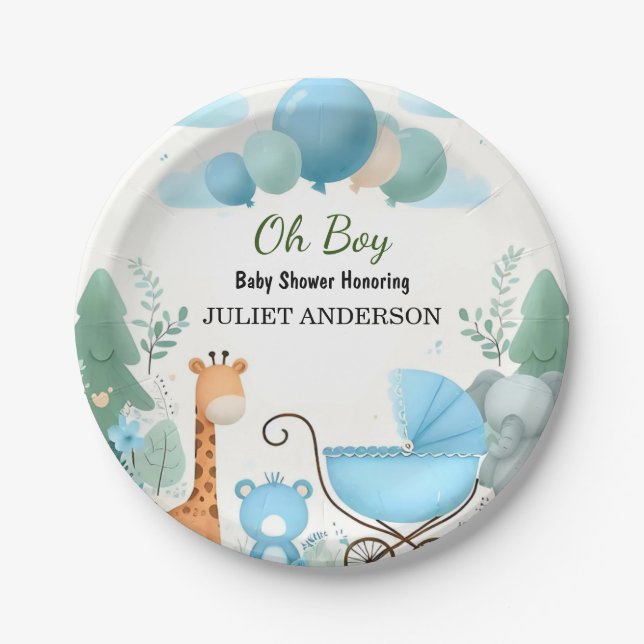 At Soft Boho Bear Blue Cub Welcome Baby Boy Shower Paper Plates (Front)