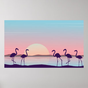 At sunrise flamingo scenery silhouettesflamingo,si poster